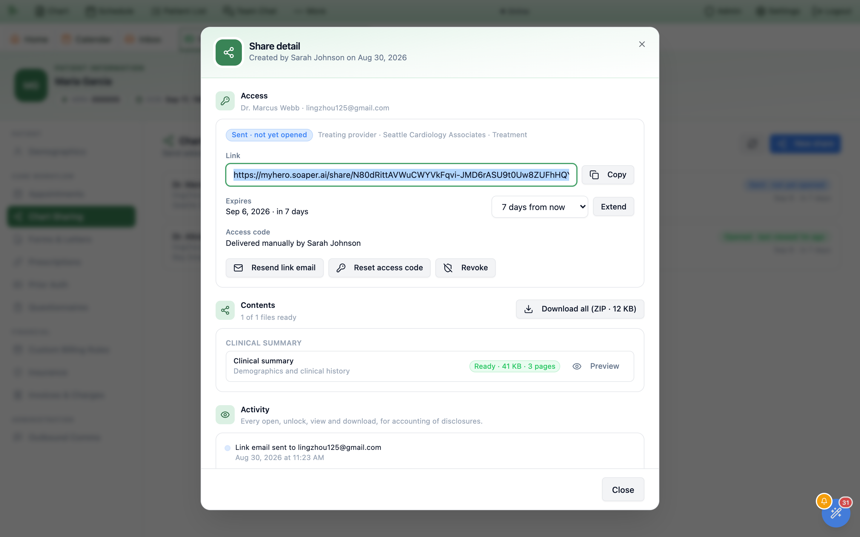 The Hero EMR Share detail dialog: an Access section with a green chip reading Opened, last viewed just now, the relationship, organization and purpose, the share link in a read-only field with a Copy button, the expiry date with an Extend by dropdown set to 7 days from now and an Extend button, the line Access code delivered manually by Nicholas Romero, and Resend link email, Reset access code and Revoke buttons, above a Contents section reading 47 of 66 files ready with Retry failed files and Download all buttons