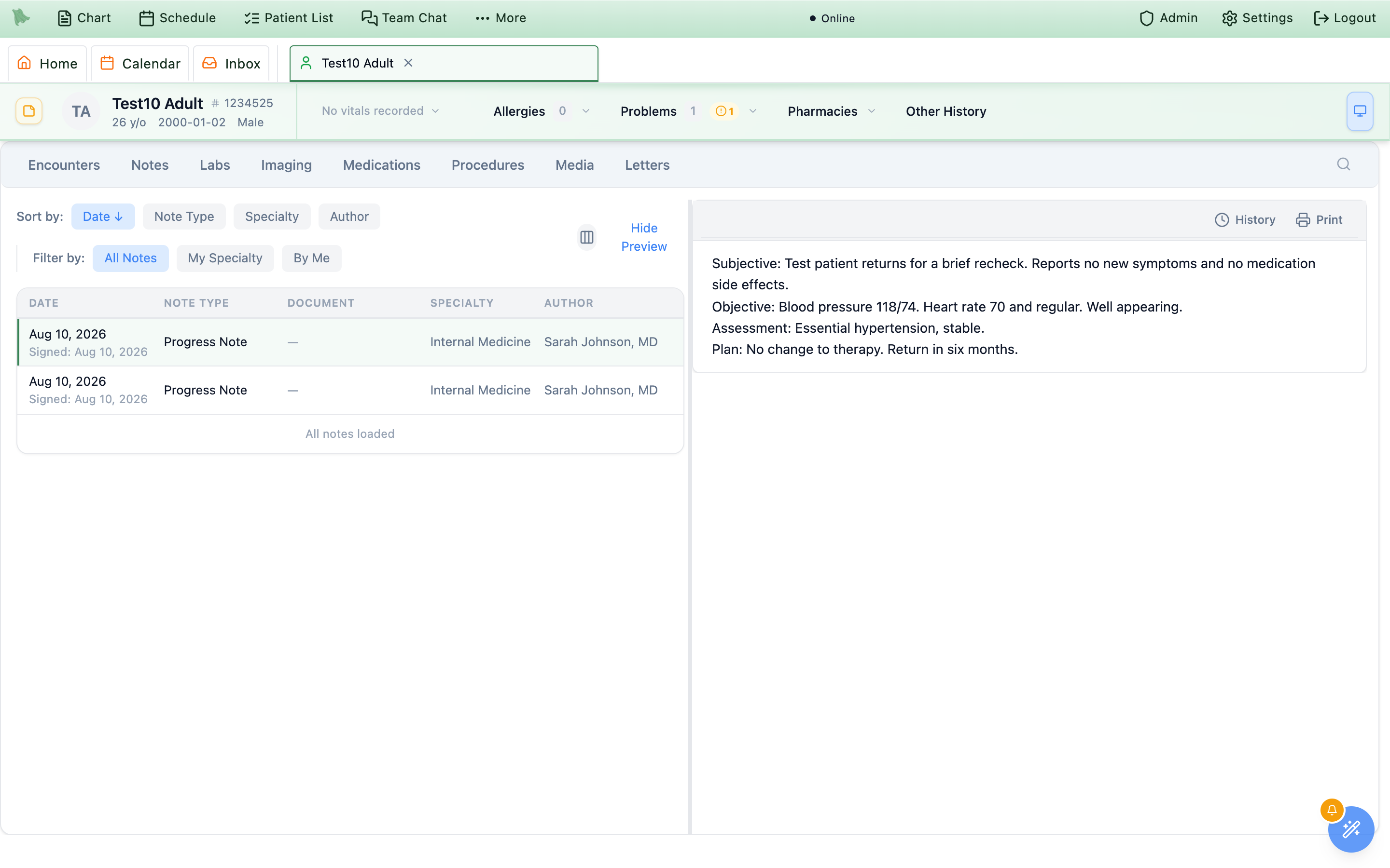 Notes tab with a sortable note list, a Progress Note selected, and its preview shown alongside