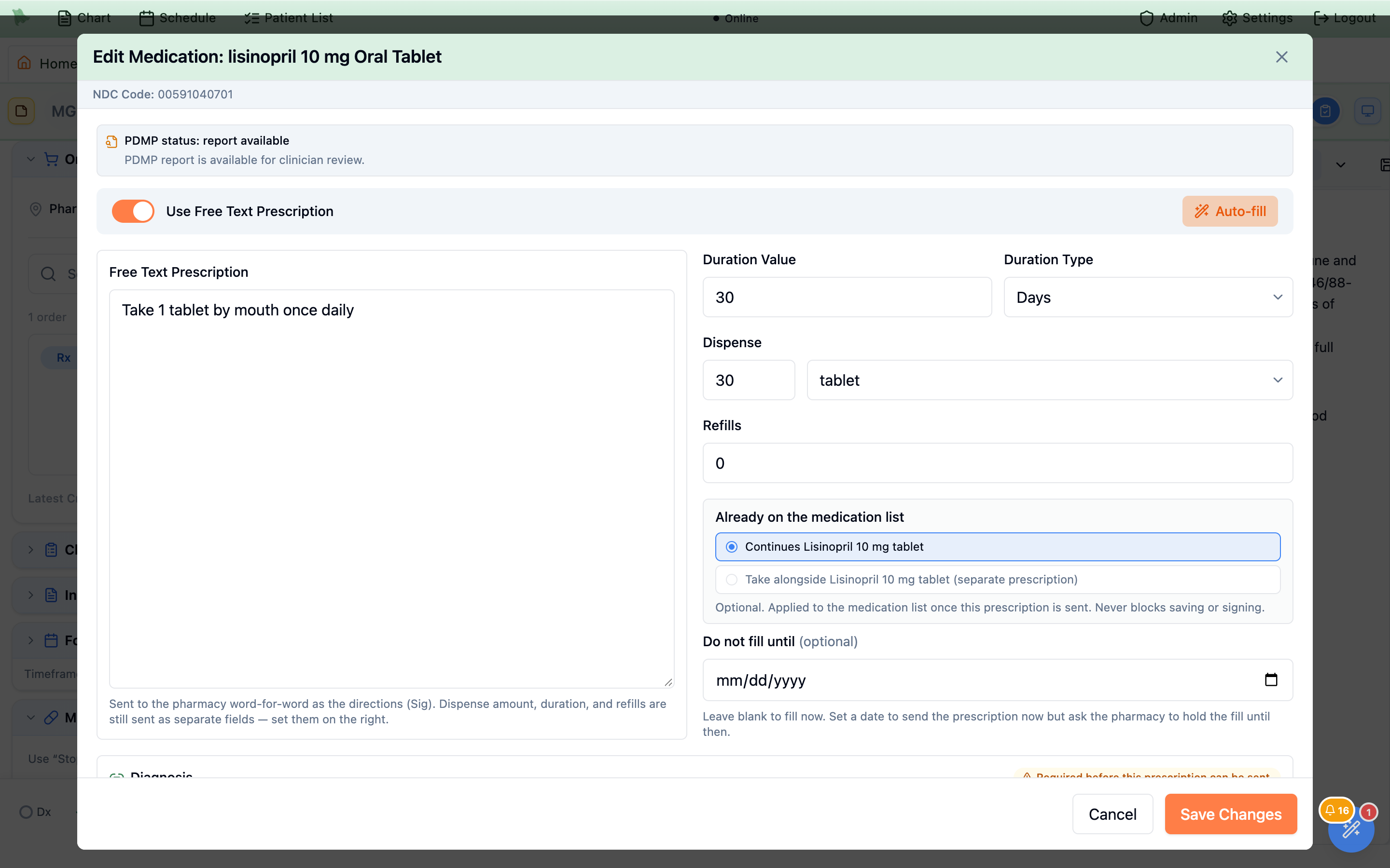 Edit Medication dialog opened by Renew inside a visit, prefilled with the last directions, 30 days, dispense 30 tablets and 0 refills, with an Already on the medication list block offering Continues Lisinopril 10 mg tablet (selected) and Take alongside Lisinopril 10 mg tablet (separate prescription)