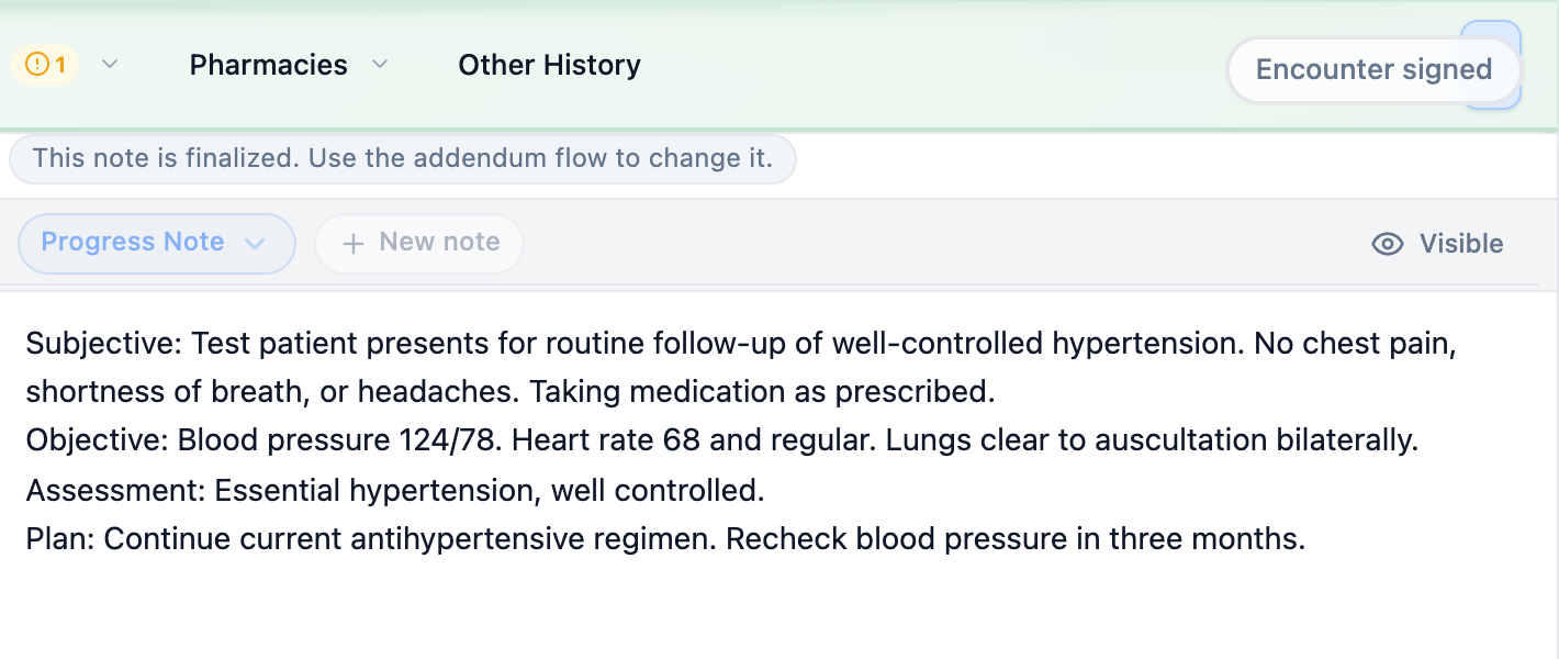 The right-hand end of the patient header strip carrying a rounded Encounter signed pill, with a grey chip reading This note is finalized. Use the addendum flow to change it. on the locked note below it