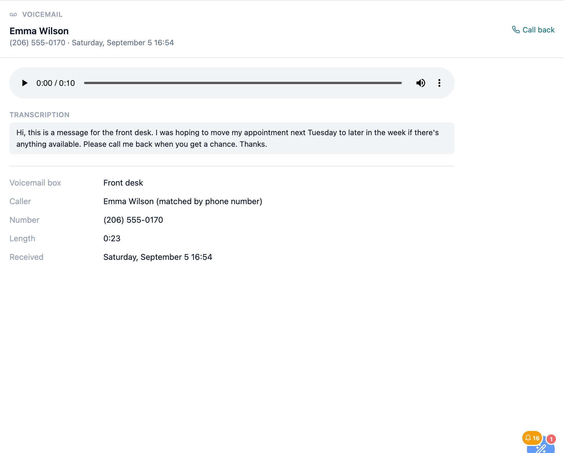The voicemail reading pane on its own: the caller's name linking to the chart with the number and time beneath it, Call back at the top right, the audio player, the transcription, and the details list