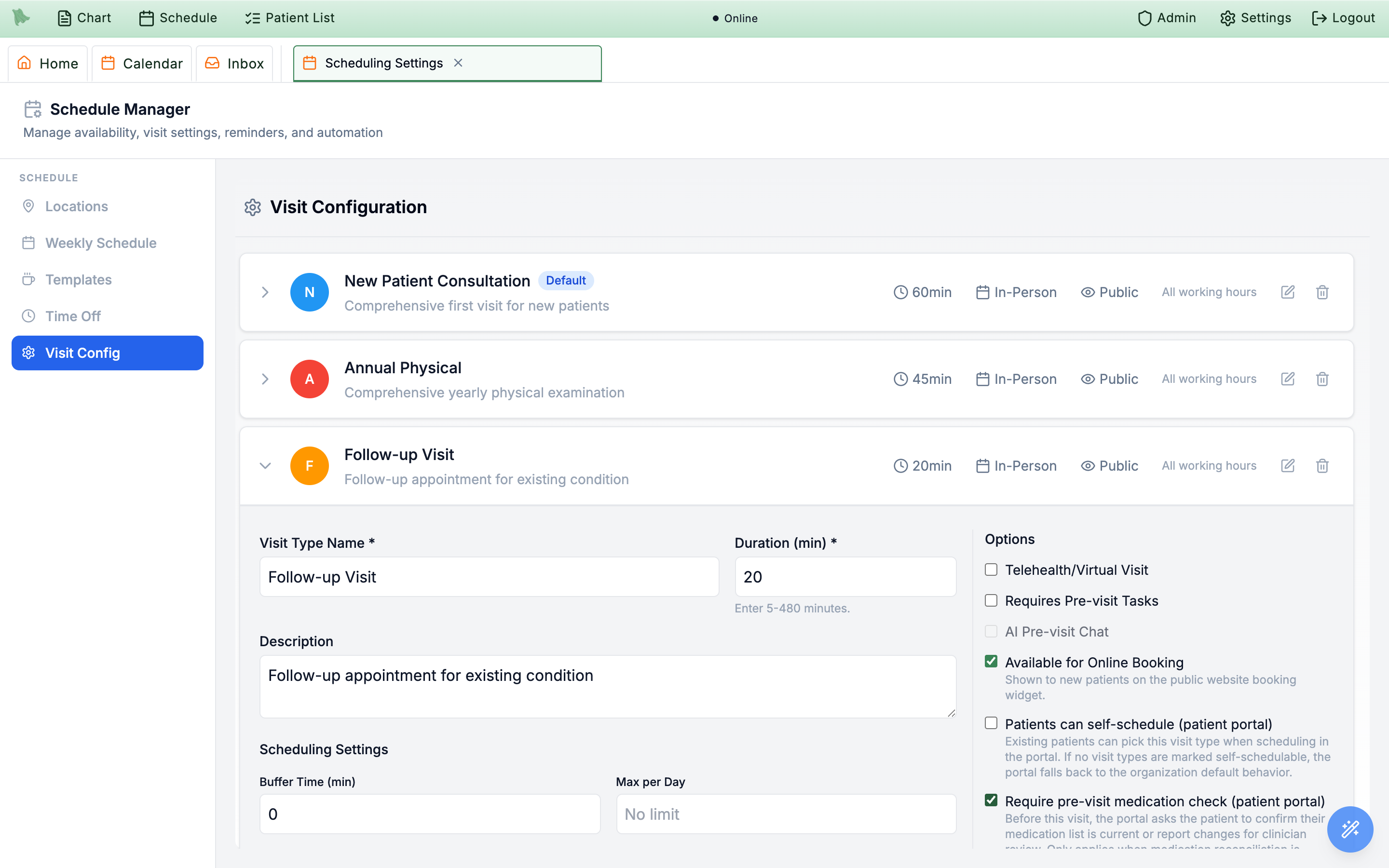 Visit Config in Schedule Manager with a Follow-up Visit expanded and the Require pre-visit medication check option checked