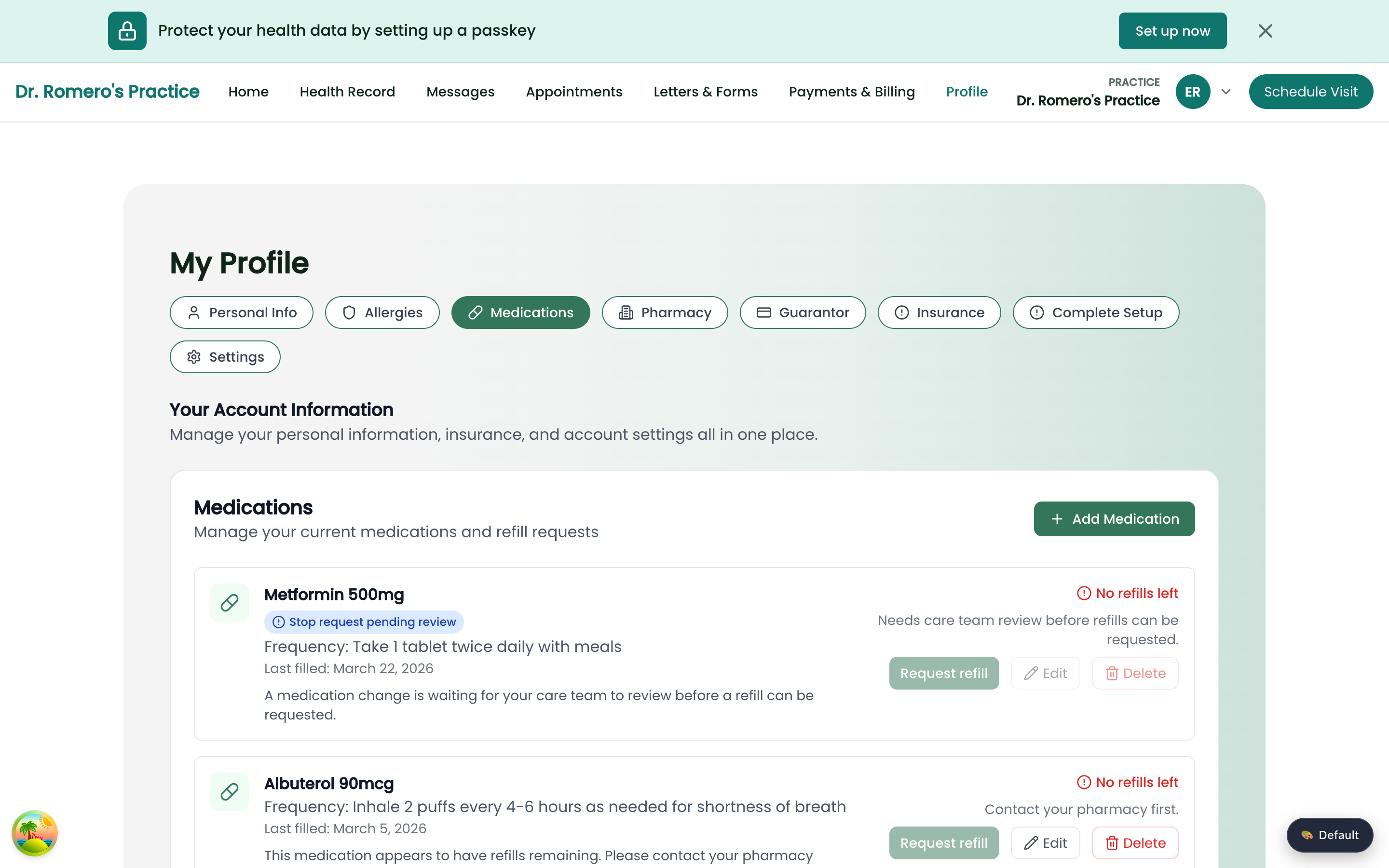 Portal Profile Medications tab with a Stop request pending review chip on Metformin and a disabled Request refill button