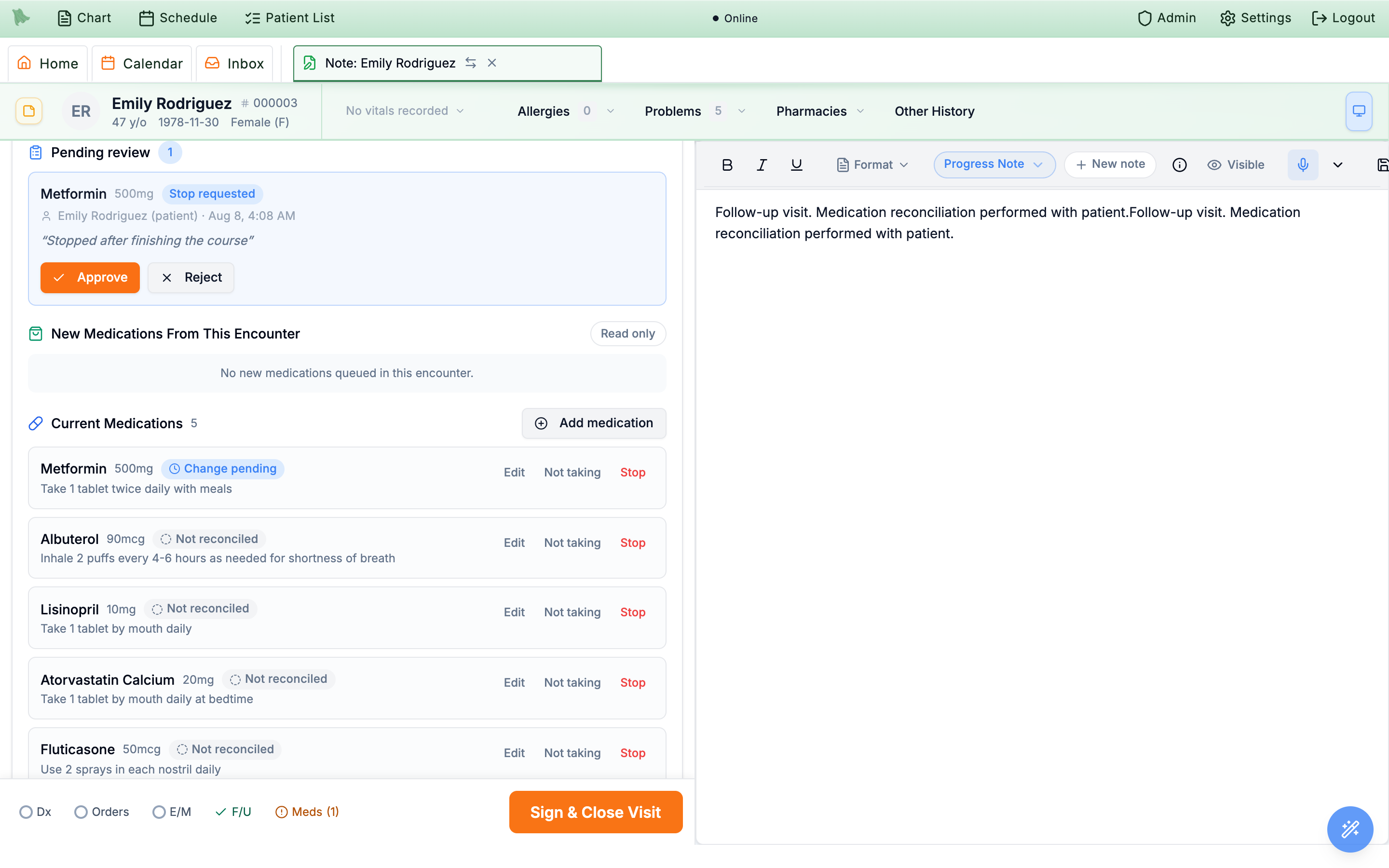 Encounter Medications workspace with a Pending review card offering Approve and Reject, and a Current Medications list showing Change pending and Not reconciled badges with Edit, Not taking and Stop actions