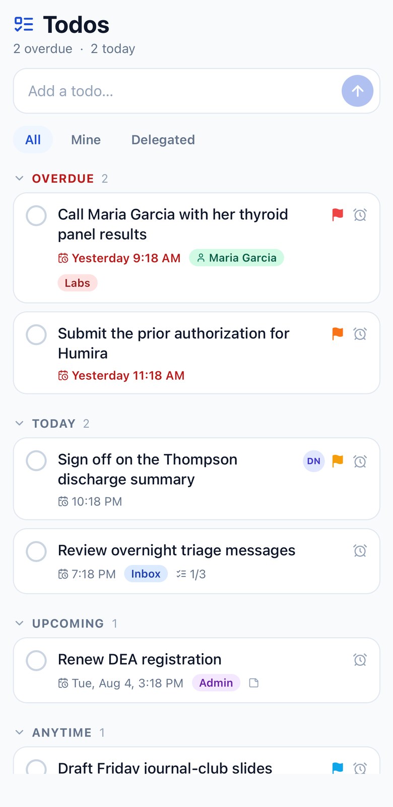 Shared todo list grouped into Overdue, Today and Upcoming