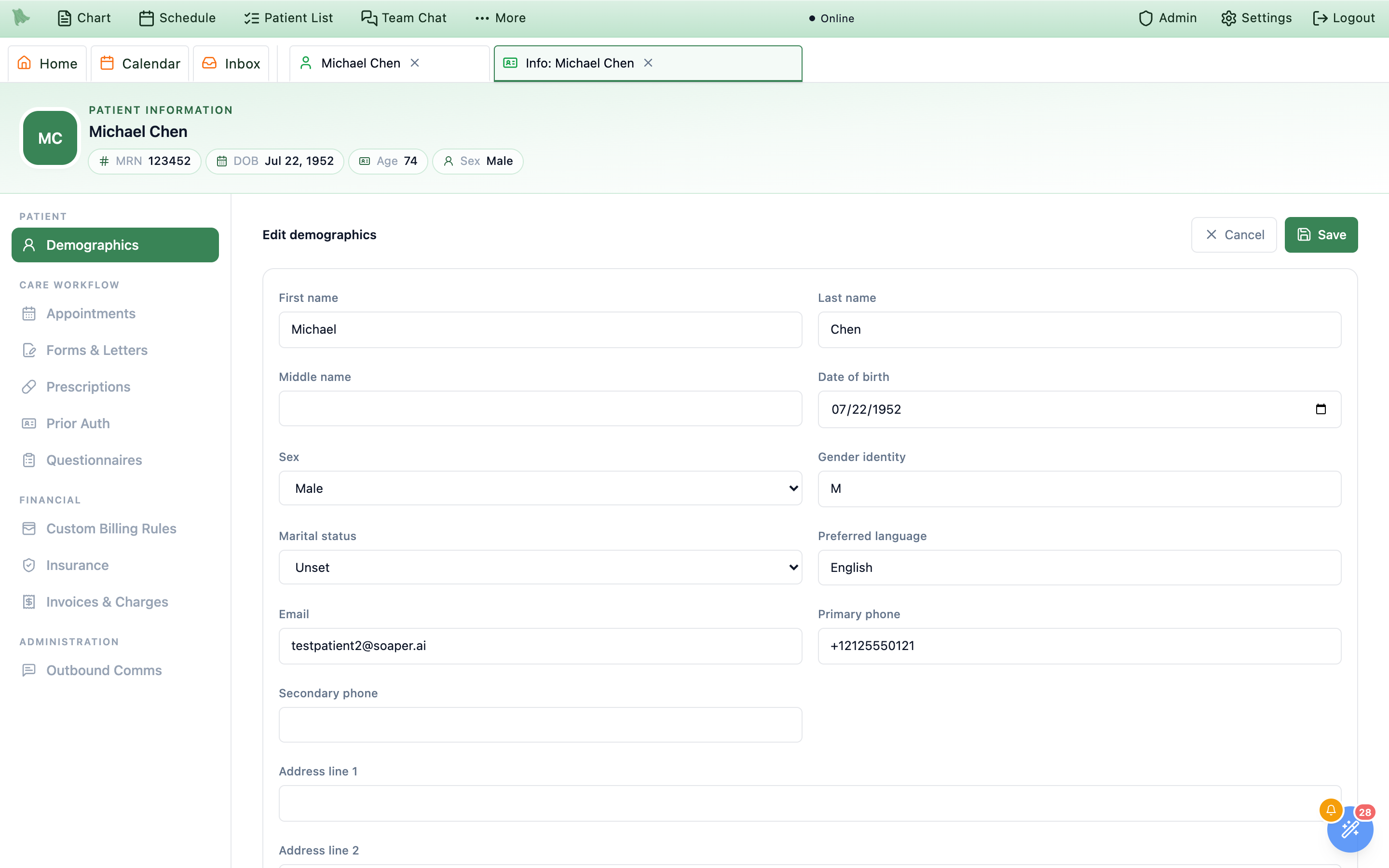 The Edit demographics form open in the Patient Information workspace with Cancel and Save buttons at the top right, and text fields for first, last and middle name, a date of birth picker, Sex and Marital status selects, gender identity, preferred language, email, primary and secondary phone, address lines 1 and 2, city, state and ZIP, and the emergency contact name, relationship and phone