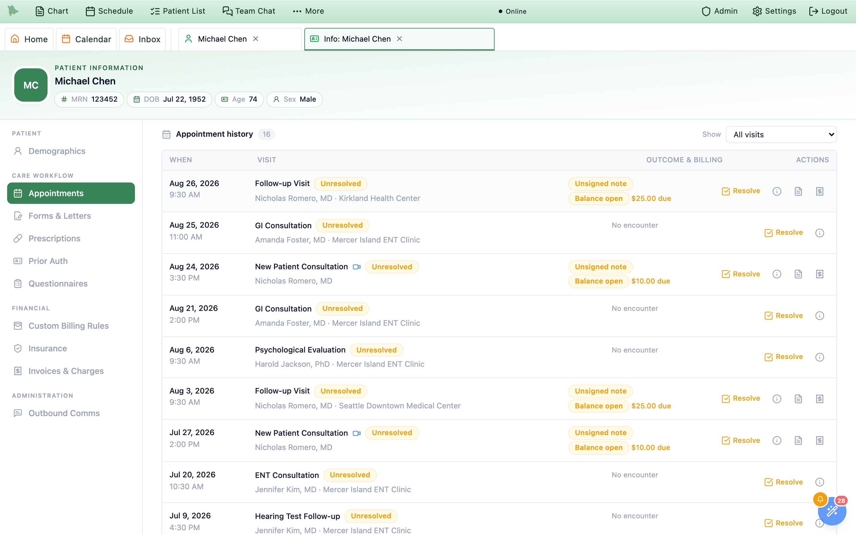 The Appointment history table with a Show filter offering All visits, Completed, Cancelled / rescheduled, No-shows and Unresolved, columns When, Visit, Outcome & billing and Actions, and rows carrying an Unresolved status chip, an Unsigned note chip, a Balance open chip with $25.00 due, a Resolve button, and icon buttons for appointment details, open encounter note and open encounter billing