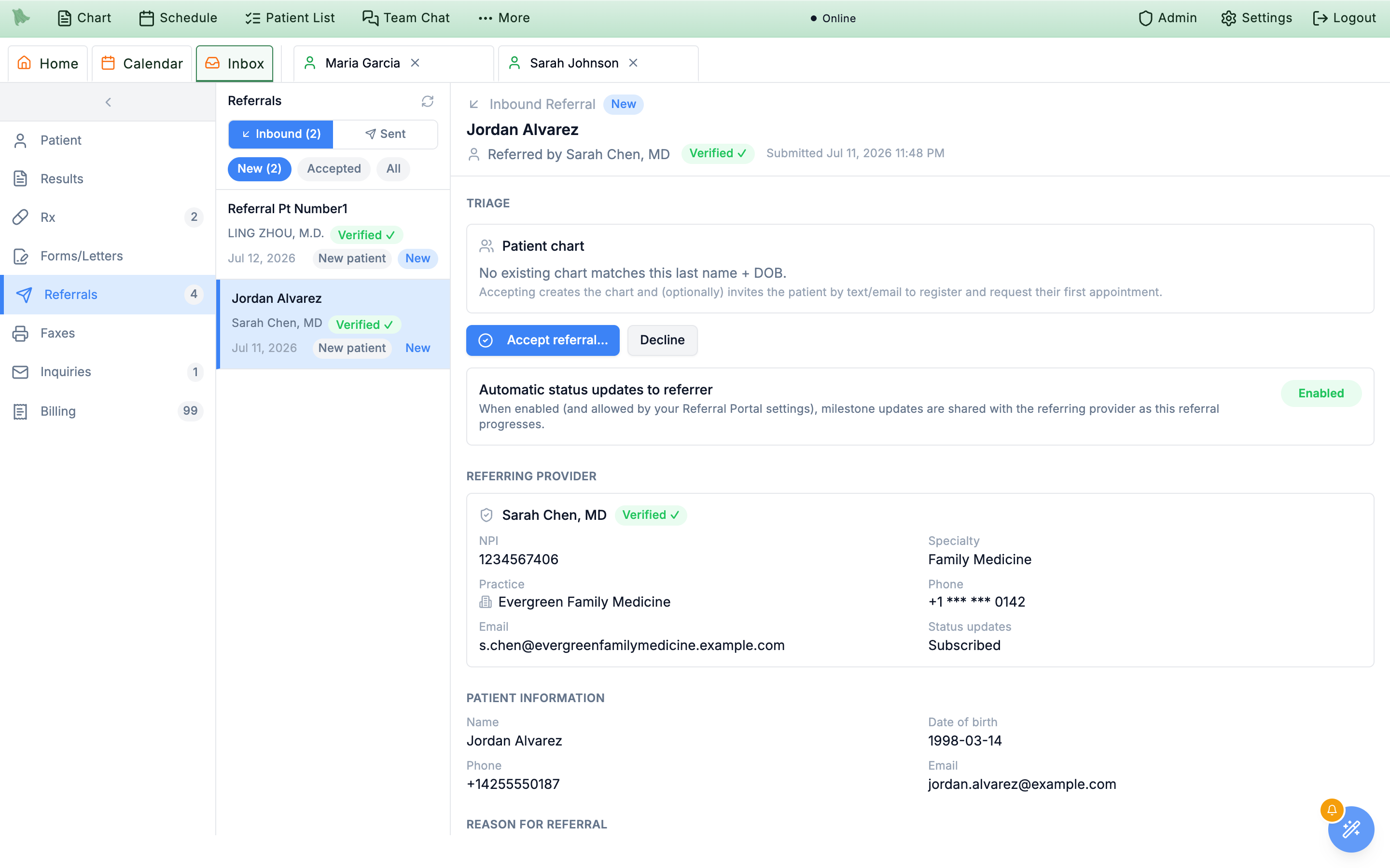 The Inbox on the Inbound Referrals view: a list of incoming referrals on the left with Jordan Alvarez selected, and a triage detail pane on the right showing the referring provider's name and a verification badge, a Patient chart box stating how the chart resolves on the last name and date of birth, the referral's clinical reason, and Accept referral and Decline buttons