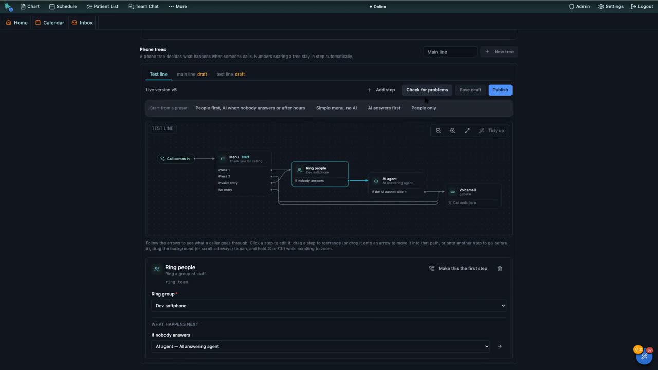 Hero EMR phone tree editor with the AI agent answering first